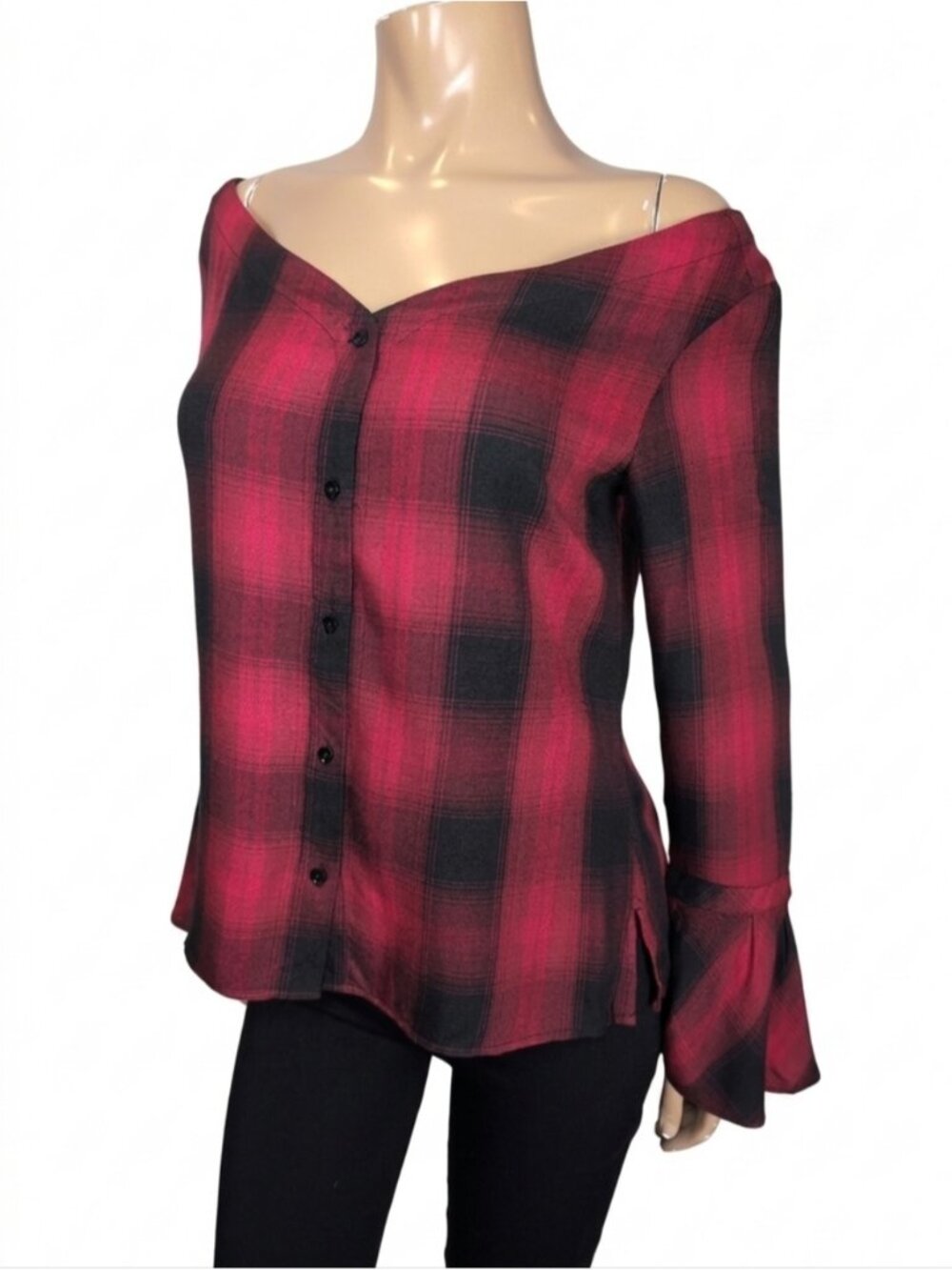 Highline Collective Red Black Plaid Off Shoulder Bell Sleeve Top Size Medium